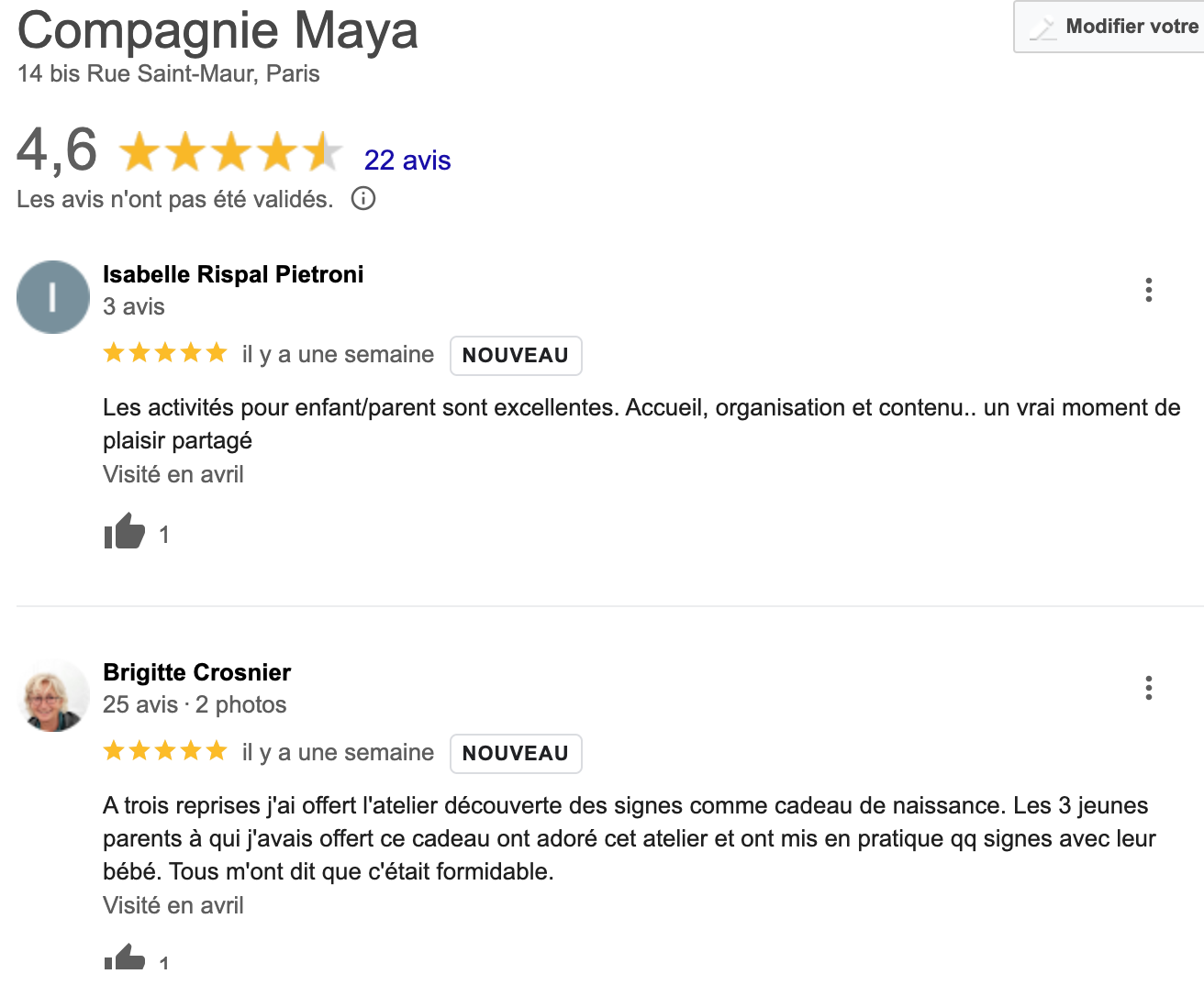 Les avis google my business sur la compagnie maya